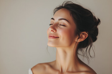 A close up of a woman's face with her eyes closed