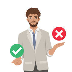 Young bearded man decision between right or left, yes or no. Flat vector illustration isolated on white background