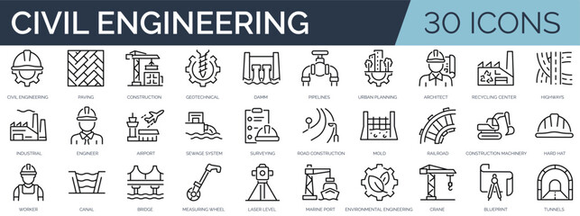 Set of 30 outline icons related to civil engineering. Linear icon collection. Editable stroke. Vector illustration