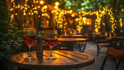 Romantic Evening for Two: Wine Glasses on a Wooden Table with Bokeh Lights