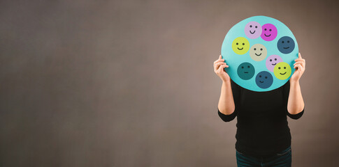 Holding a head with a sad and a happy face, mental health concept, positive and negative mind, depression, support and emotion, divided personality © Berit Kessler