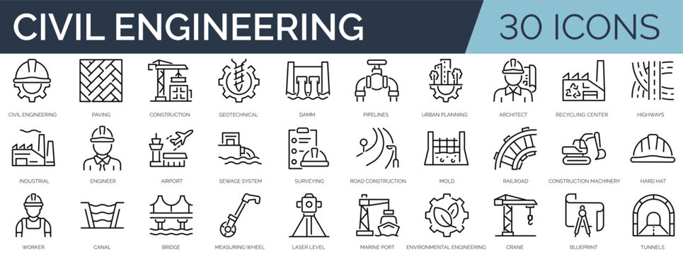 Set of 30 outline icons related to civil engineering. Linear icon collection. Editable stroke. Vector illustration