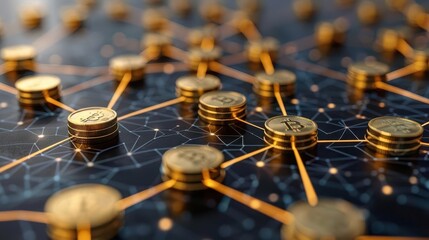 A close-up view of golden coins connected by network lines, symbolizing digital currency and blockchain technology.
