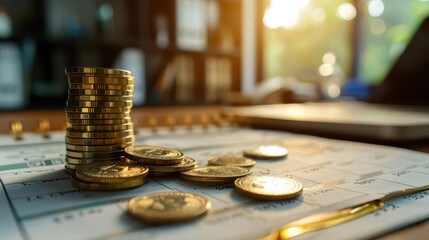 Close-up of coins on a calendar, symbolizing financial planning and investment in a sunlit office setting.