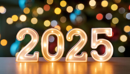 Neon sign showing 2025 with christmas tree lights reflecting on the table