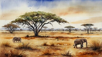 Artistic watercolor of African savanna, modern style 
