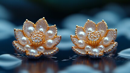 Elegant pearl and gold lotus earrings displayed on a reflective surface