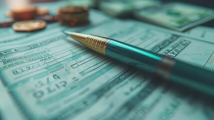 Close-up of a pen on financial paperwork, surrounded by cash and coins, symbolizing budgeting and financial planning.