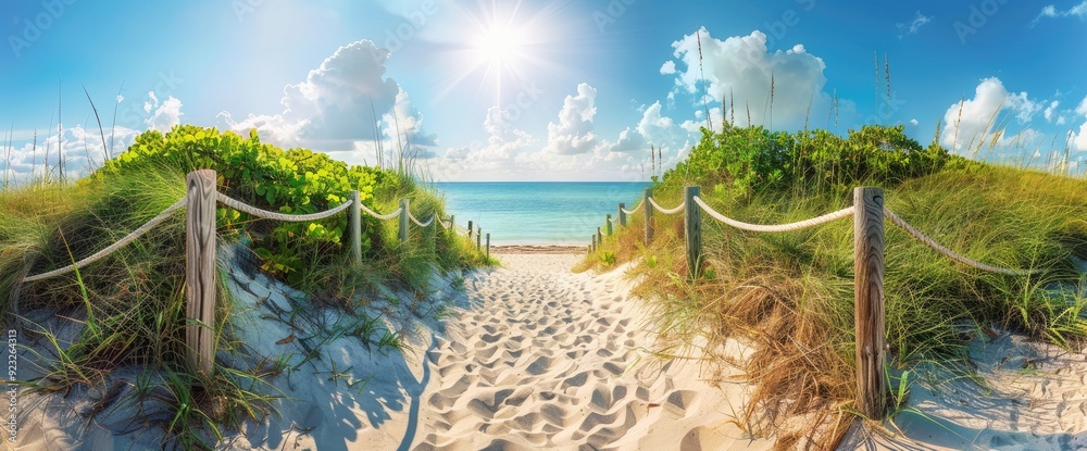 Wall mural beautiful path leading to the beach, white rope and wood fence with green grass on both sides, blue 
