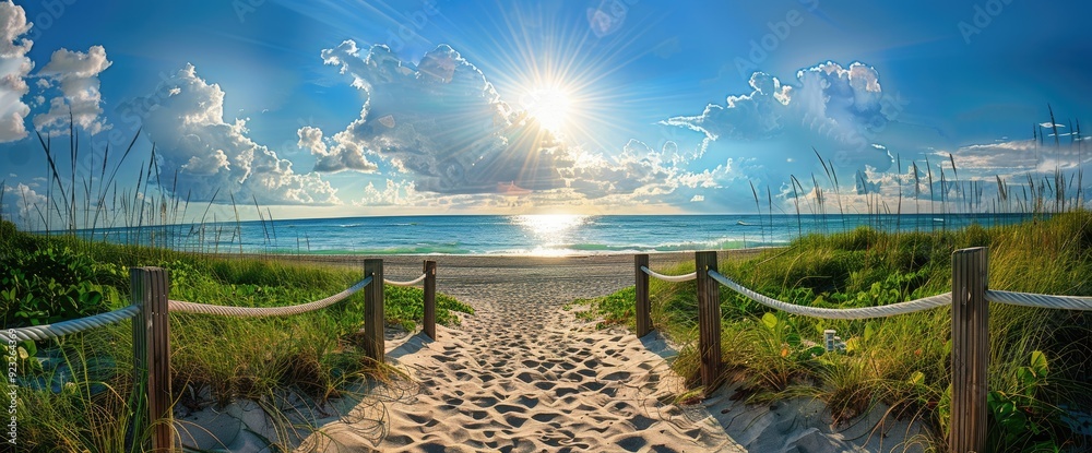 Wall mural beautiful path leading to the beach, white rope and wood fence with green grass on both sides, blue 