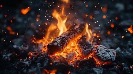 Glowing embers and flames dancing at a campfire during nighttime