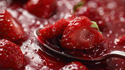 Strawberry jam in a spoon, close-up, macro