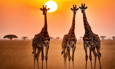 Three giraffes stand gracefully in the savannah as the sun sets, creating a stunning silhouette against the vibrant orange sky.