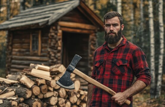 Portrait of a bearded lumberjack holding an axe, standing in front of a wooden cabin and a pile of firewood, looking at the camera, wearing a red plaid shirt, with an autumn forest background.