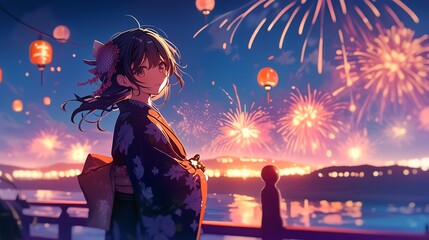 anime girl with kimono at fireworks festival