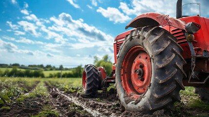 Obraz premium Agricultural tractor working in the field at sunset background 