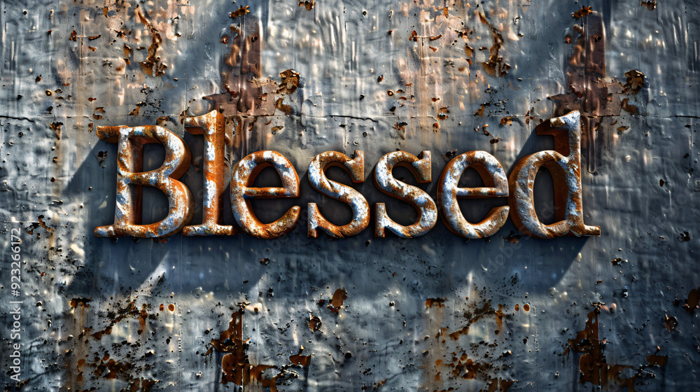 Poster rusty metal letters casting a shadow of the word blessed on a textured background