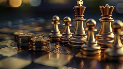 An artistic close-up of a chess game featuring golden pieces and coins, symbolizing strategy and competition.