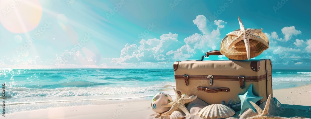 Wall mural an open suitcase with things on vacation. the concept of travel time