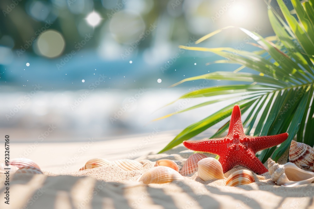 Wall mural sea star, green palm leaves arranged on pink background. summer holidays vacation concept. poster ba