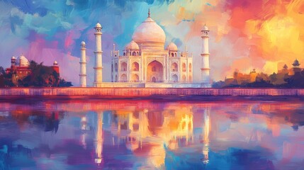 Abstract, colorful painting of the majestic Taj Mahal in India, with a water reflection  background.
