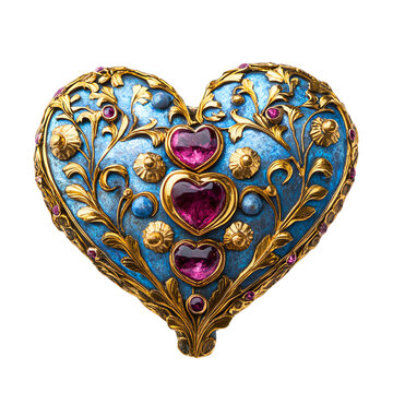 An ornate heart-shaped jewel adorned with gemstones and intricate floral designs, perfect for adding elegance to any collection.