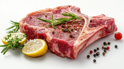 Fototapeta premium Raw T-bone steak with herbs. Perfect for culinary websites and food blogs.