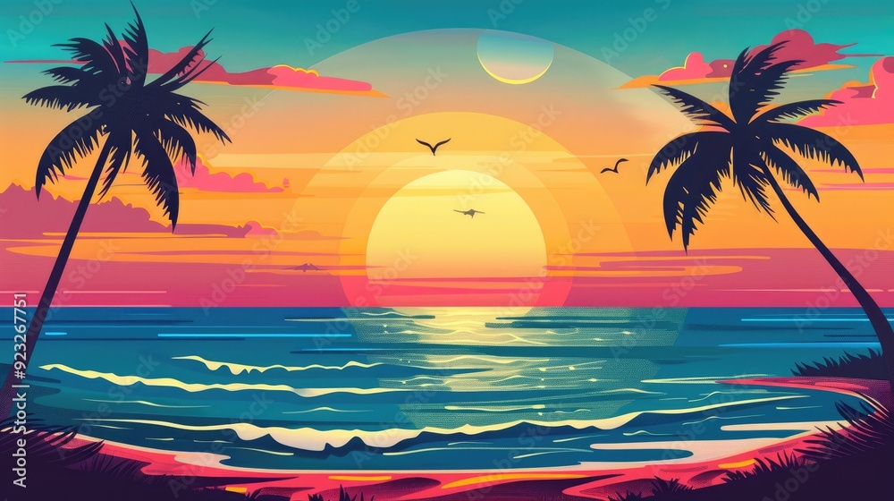 Wall mural illustrate a vector graphic of a beach scene with a gradient sunset, featuring silhouettes of palm t