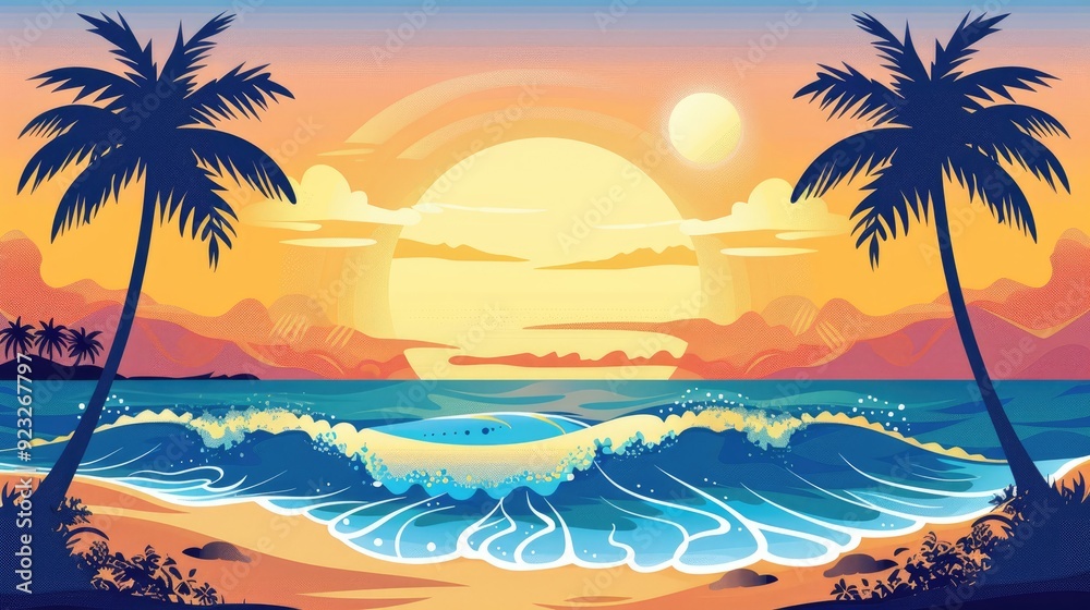 Wall mural illustrate a vector graphic of a beach scene with a gradient sunset, featuring silhouettes of palm t