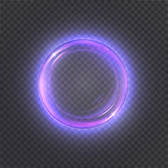 Glowing purple circle on transparent background. Glowing ring with bright backlight. Round purple glow frame with bright shine. Luxury element for advertising. Vector © MAKSYM