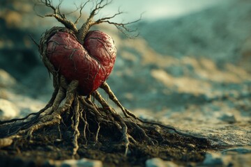 Surrealistic artwork of a human heart with roots growing into the ground, connecting with nature, high resolution, detailed textures, crisp focus