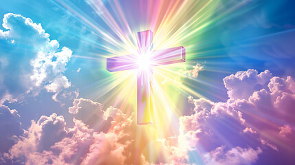 Bright cross shining amidst a colorful sky with fluffy clouds, symbolizing hope and faith