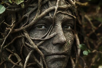 Fototapeta premium Surrealistic depiction of a human face made up of intertwined branches and leaves, high resolution, detailed textures, crisp focus