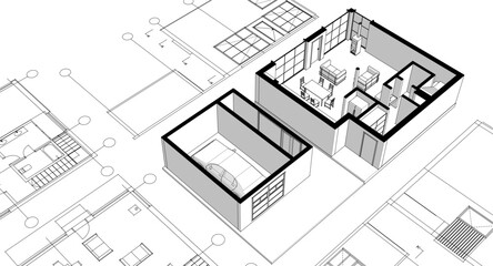 house architectural project sketch 3d illustration	