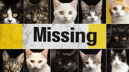 A cat is missing message on a black and white grainy grungy collage with different cats. Lost pets problem.