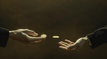 Two hands exchanging a coin, symbolizing transaction, trust, and exchange in a dark, atmospheric setting.
