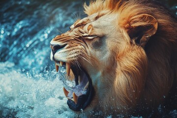 Surrealistic image of a lion roaring with a river flowing out of its mouth, high resolution, detailed textures, crisp focus