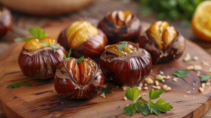 A delicious arrangement of roasted chestnuts on a wooden board, garnished with parsley and lemon for an inviting culinary display.