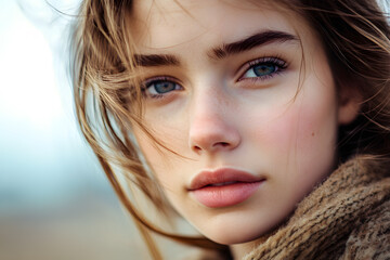 Close-up portrait of a young woman with windblown hair, looking directly at the camera