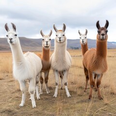 A group of llamas are standing in a field.
