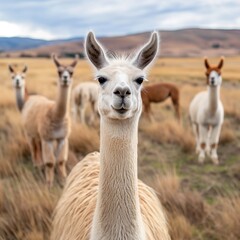A group of llamas are standing in a field.