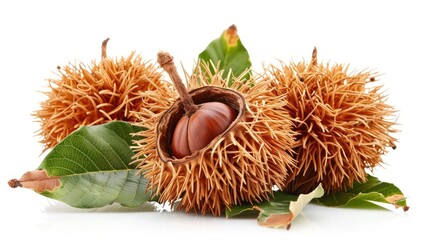 Close-up of spiky fruit with a cracked shell, revealing a shiny seed, surrounded by green leaves on a white background.