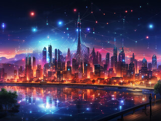 Fototapeta premium Awesome Smart city and communication network concept. 5G