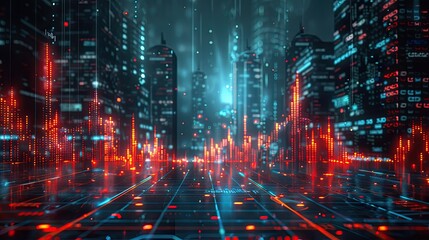 Fototapeta premium Futuristic cityscape with glowing skyscrapers, vibrant colors, and digital elements, representing advanced technology.