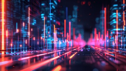 Obraz premium Futuristic cityscape with vibrant neon lights illuminating a digital pathway, creating an immersive and dynamic atmosphere.