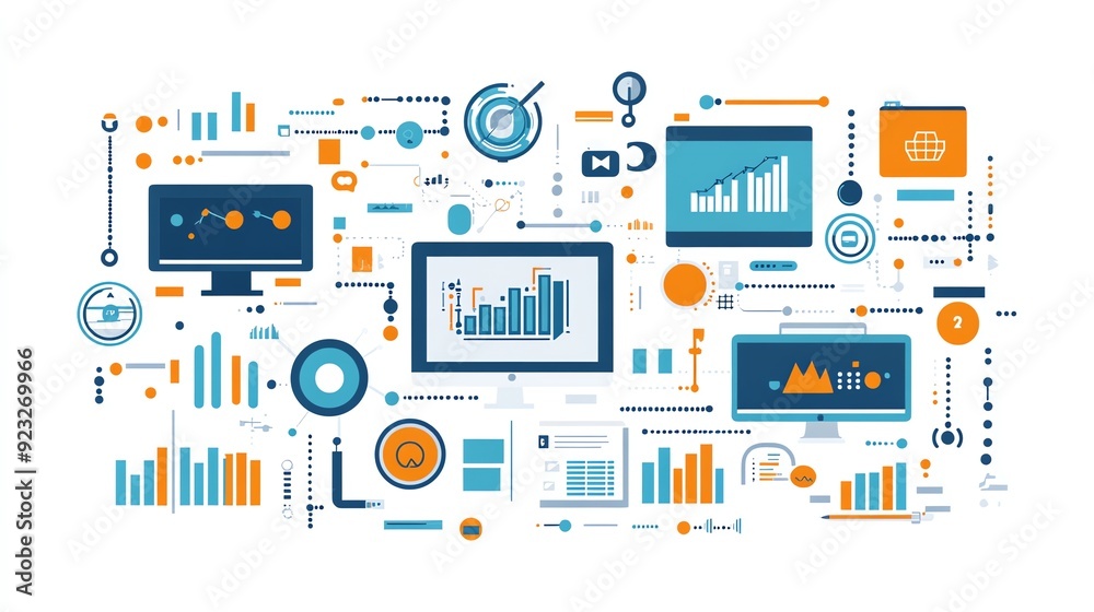 Poster data analysis and digital marketing concept with chart, graph and icon.