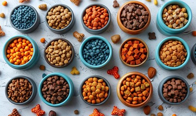 different pet supplies,toys bowl of dry food on white background pet care training grooming concept.