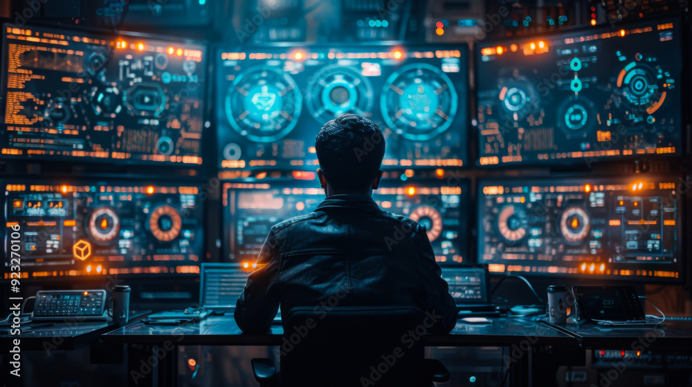 Poster a man is sitting in front of a computer monitor with a black jacket on. the monitor displays a lot o