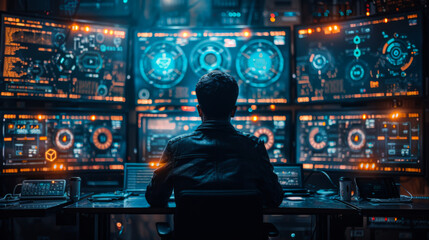 A man is sitting in front of a computer monitor with a black jacket on. The monitor displays a lot of information, including a few graphs and a few buttons. The man is focused on the screen
