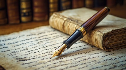 Elegant Vintage Penmanship in a Timeless Library, 1500s Ink and Quill Writing, Historical Script and Calligraphy, Scholarly Ambiance.